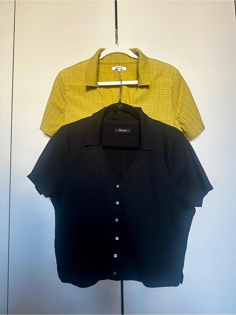 MADEWELL Jandra Crinkle Black & Mustard Short-Sleeve Two Button-Down Shirts XL